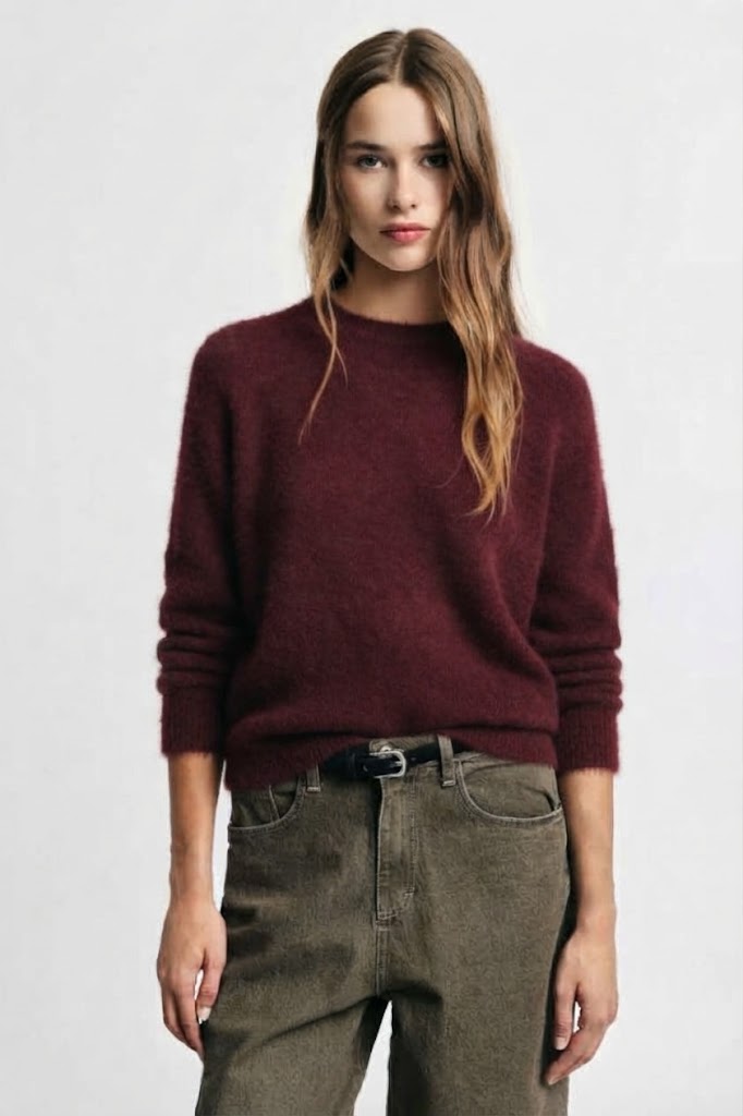 Maglione girocollo maniche 3/4 tinta unita Please - Bordeaux