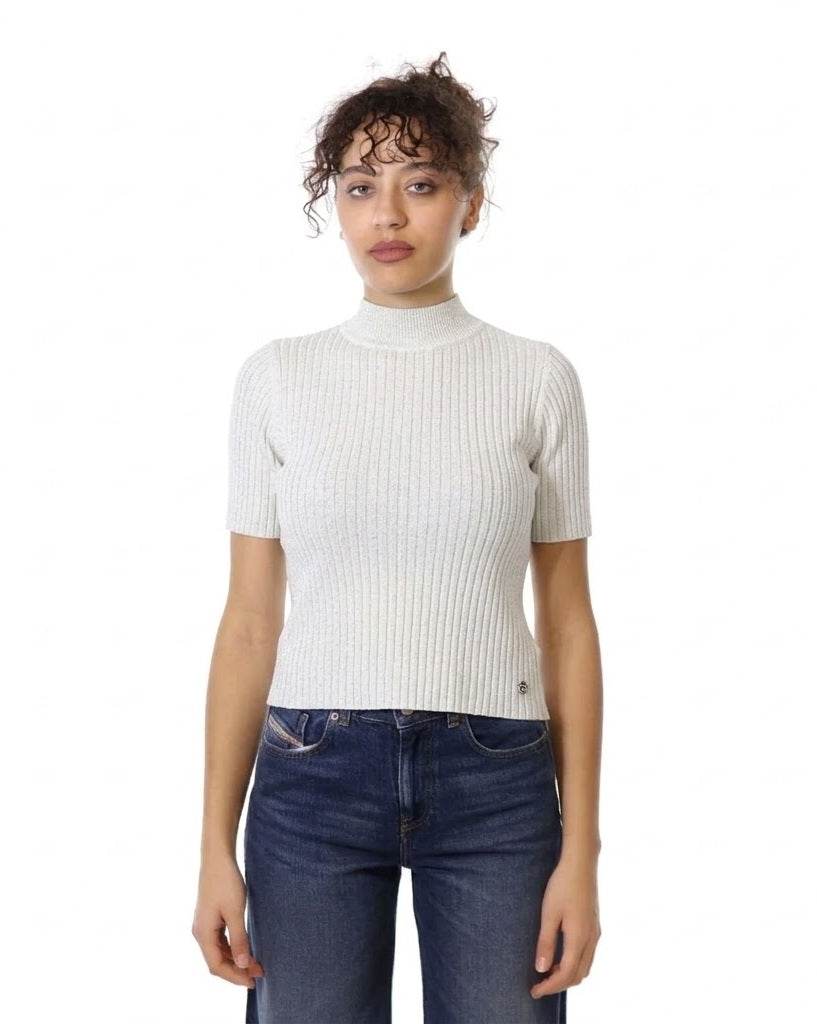 Maglia a Maniche Corte Lavorata con Filato Lurex - Please - Bianco