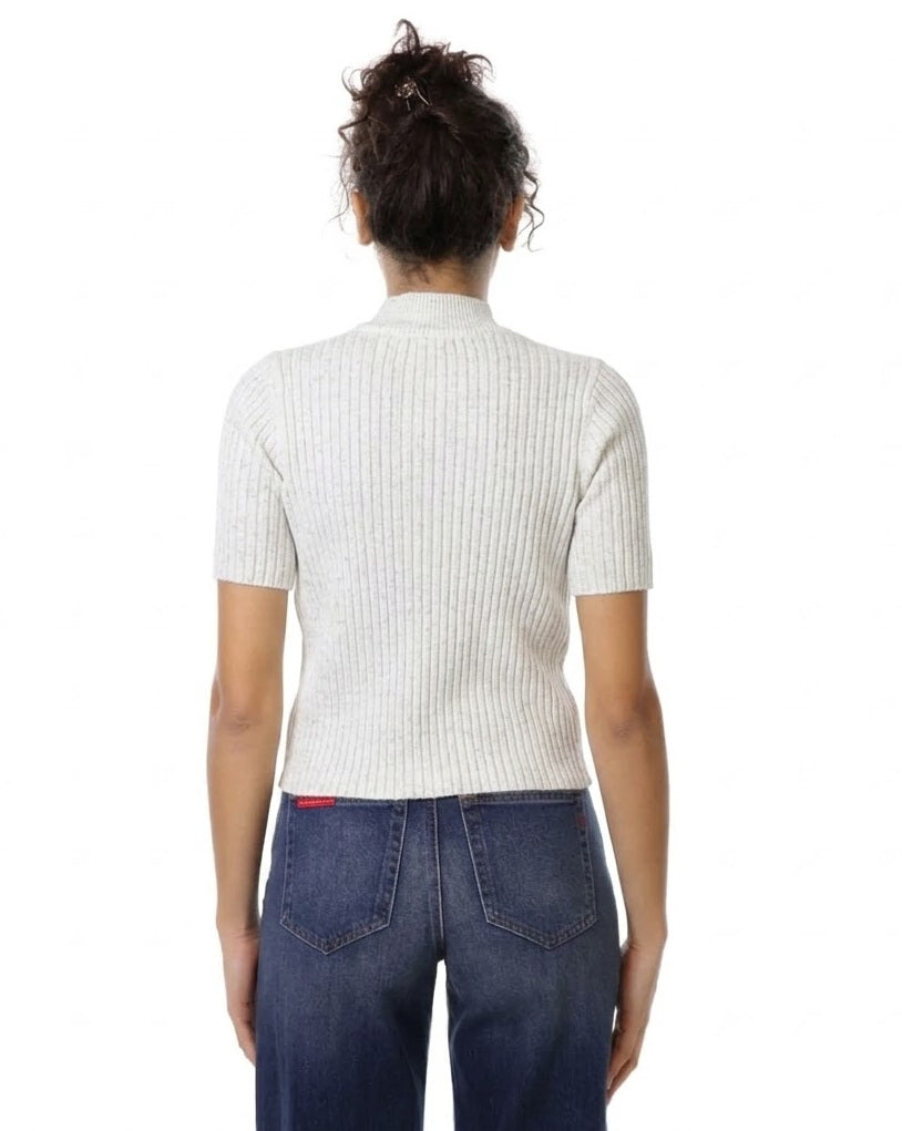 Maglia a Maniche Corte Lavorata con Filato Lurex - Please - Bianco
