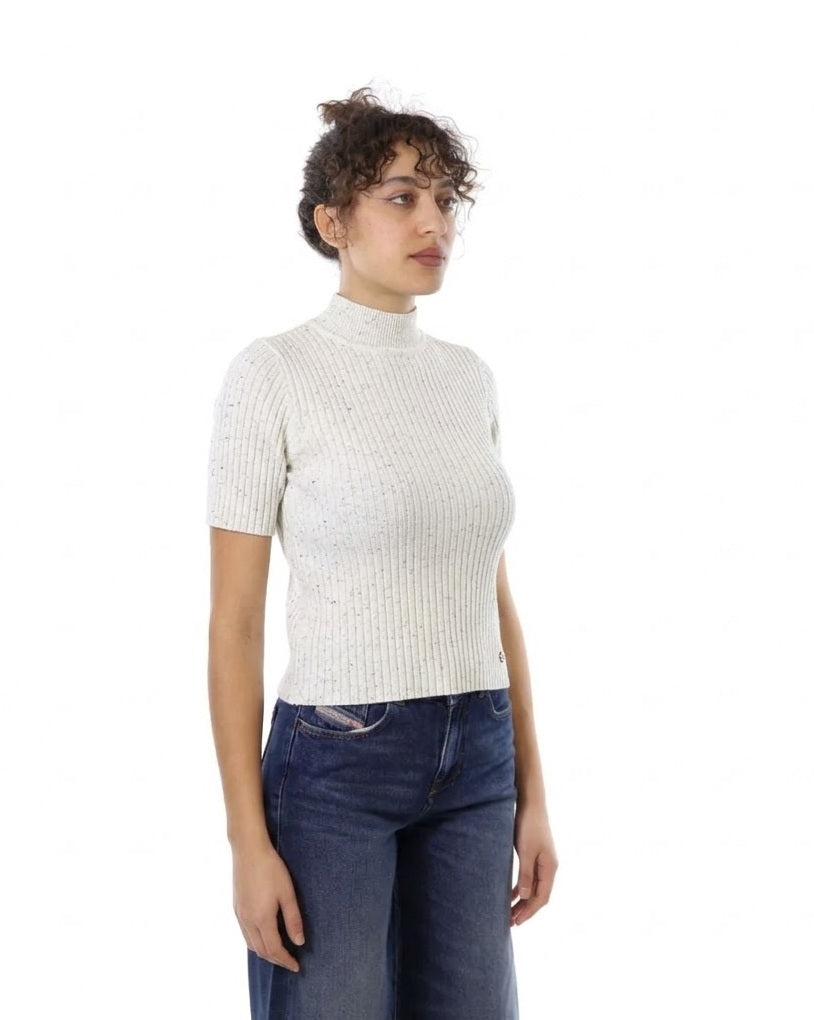 Maglia a Maniche Corte Lavorata con Filato Lurex - Please - Bianco