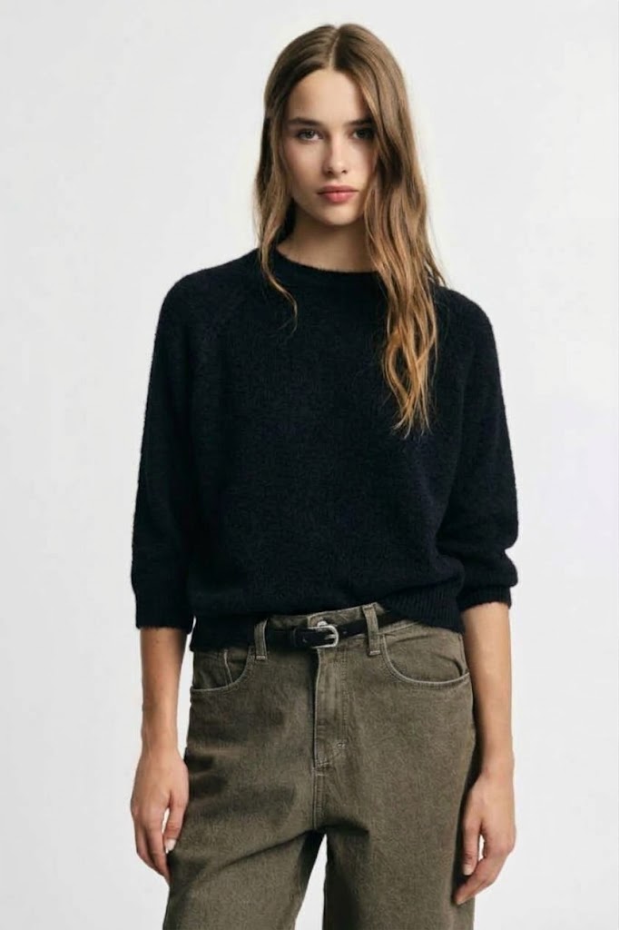 Maglione girocollo maniche 3/4 tinta unita Please - Nero