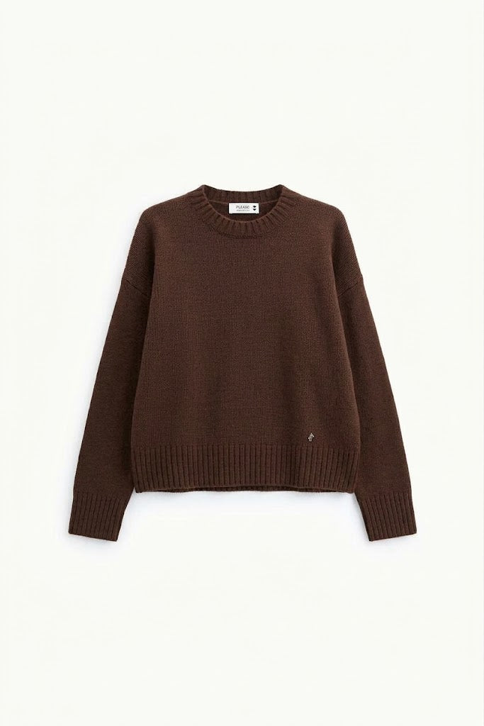 Maglione girocollo regular con polsini a costine - Cioccolato
