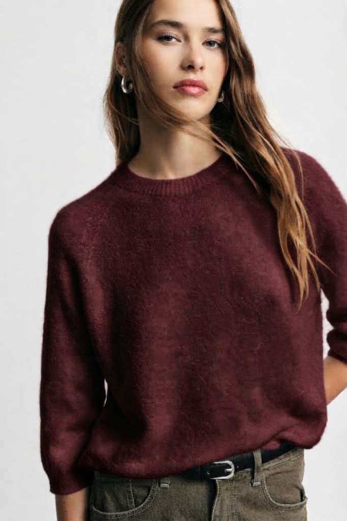 Maglione girocollo maniche 3/4 tinta unita Please - Bordeaux