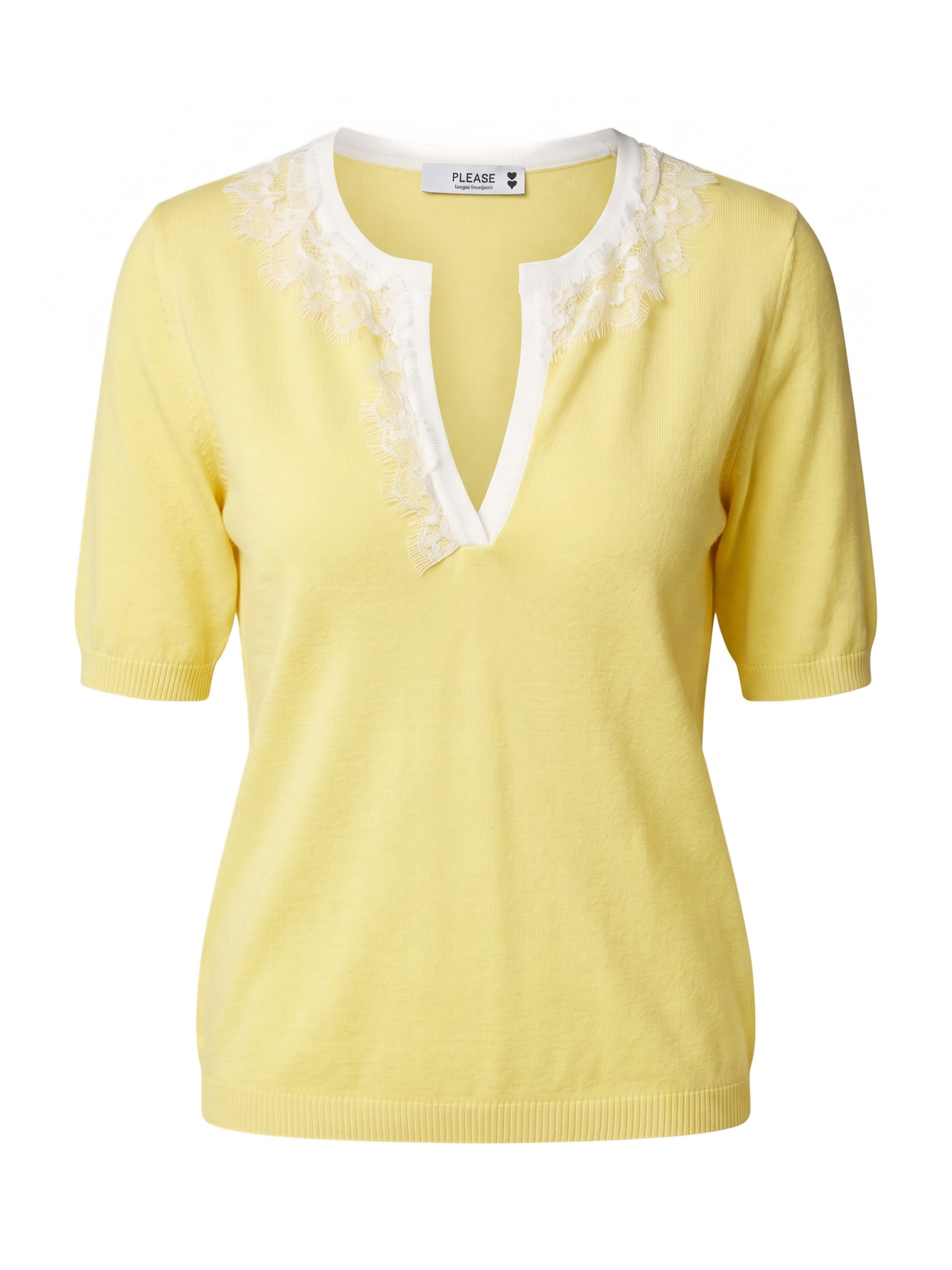 Maglia gialla PLEASE con scollo a V e inserto in pizzo