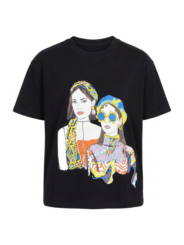 T-shirt nera in cotone con stampa grafica pop art