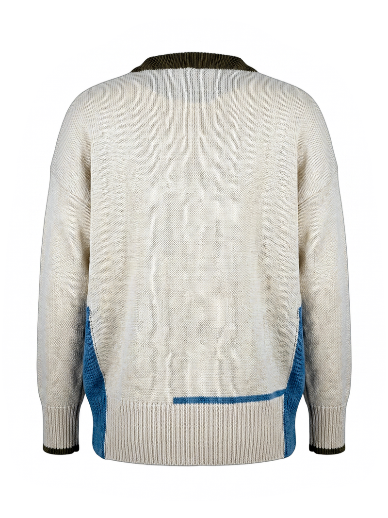 Maglione color-block crema con dettagli blu e oliva