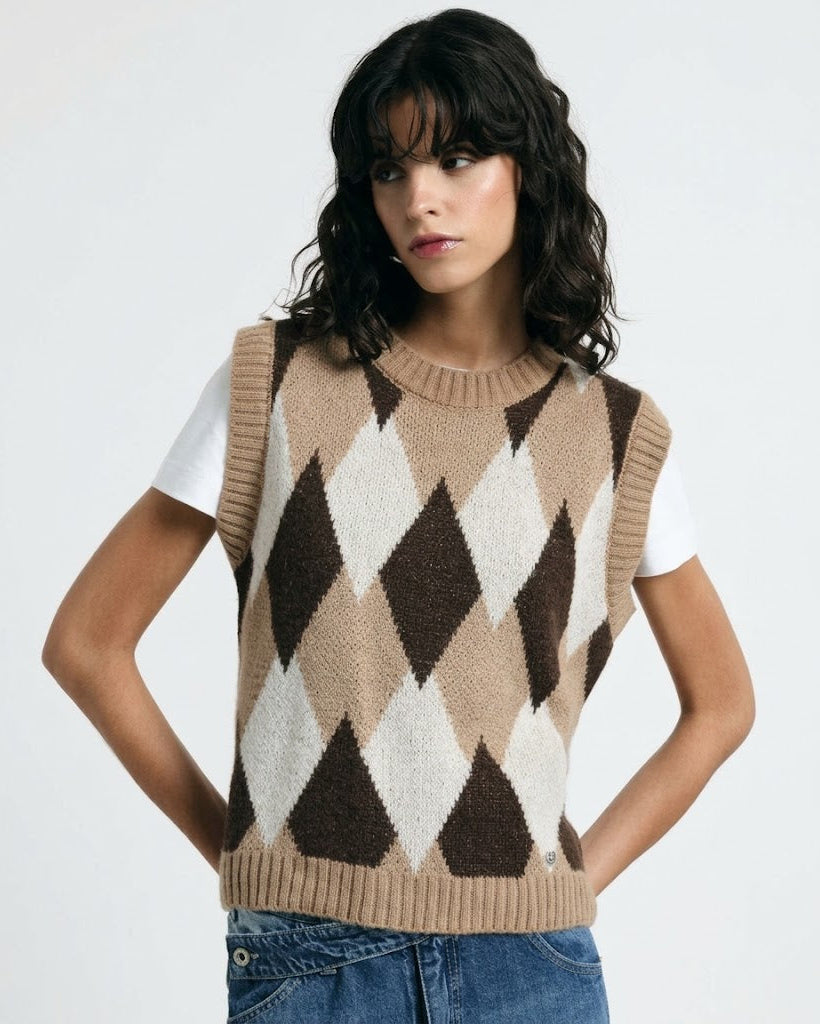 Gilet in Maglia a Rombi Argyle Please - Marrone/Cammello/Panna -