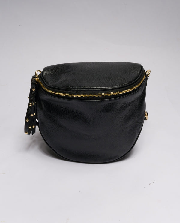 NERO | Borsa in vera pelle con borchie dorate modello marsupio