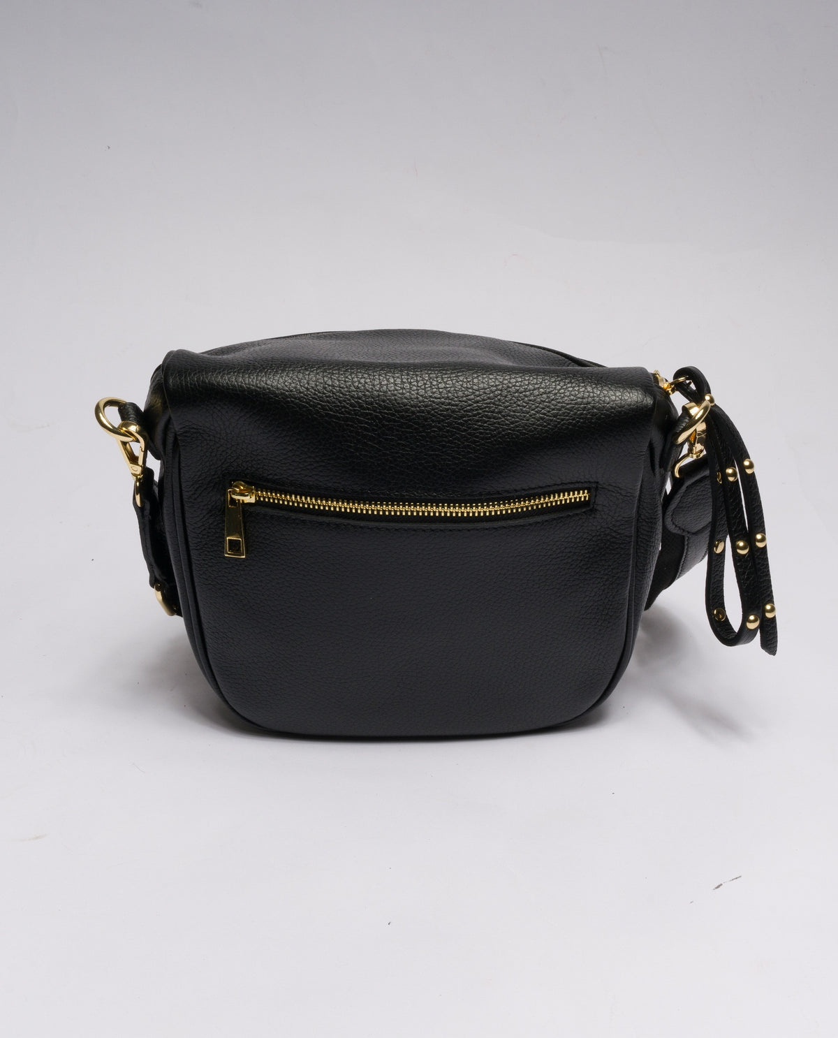 NERO | Borsa in vera pelle con borchie dorate modello marsupio
