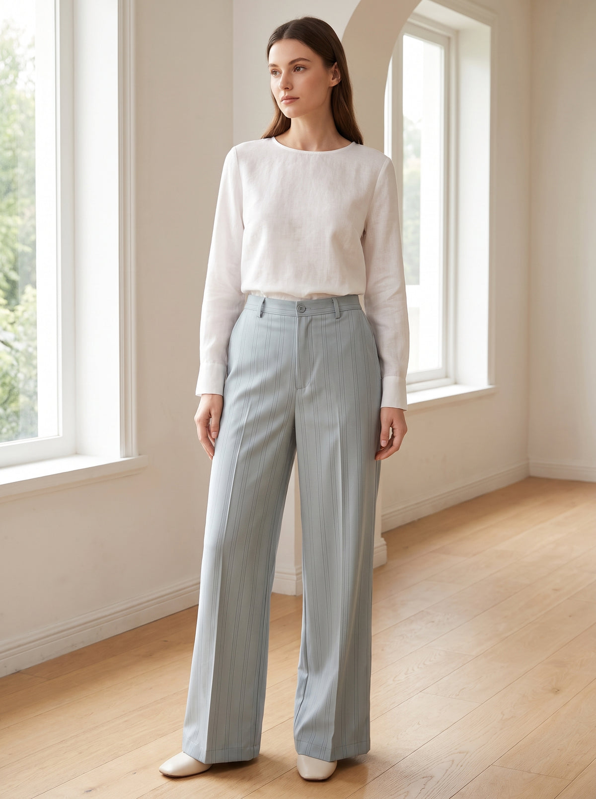 Pantaloni a gamba dritta verde salvia gessati sstore