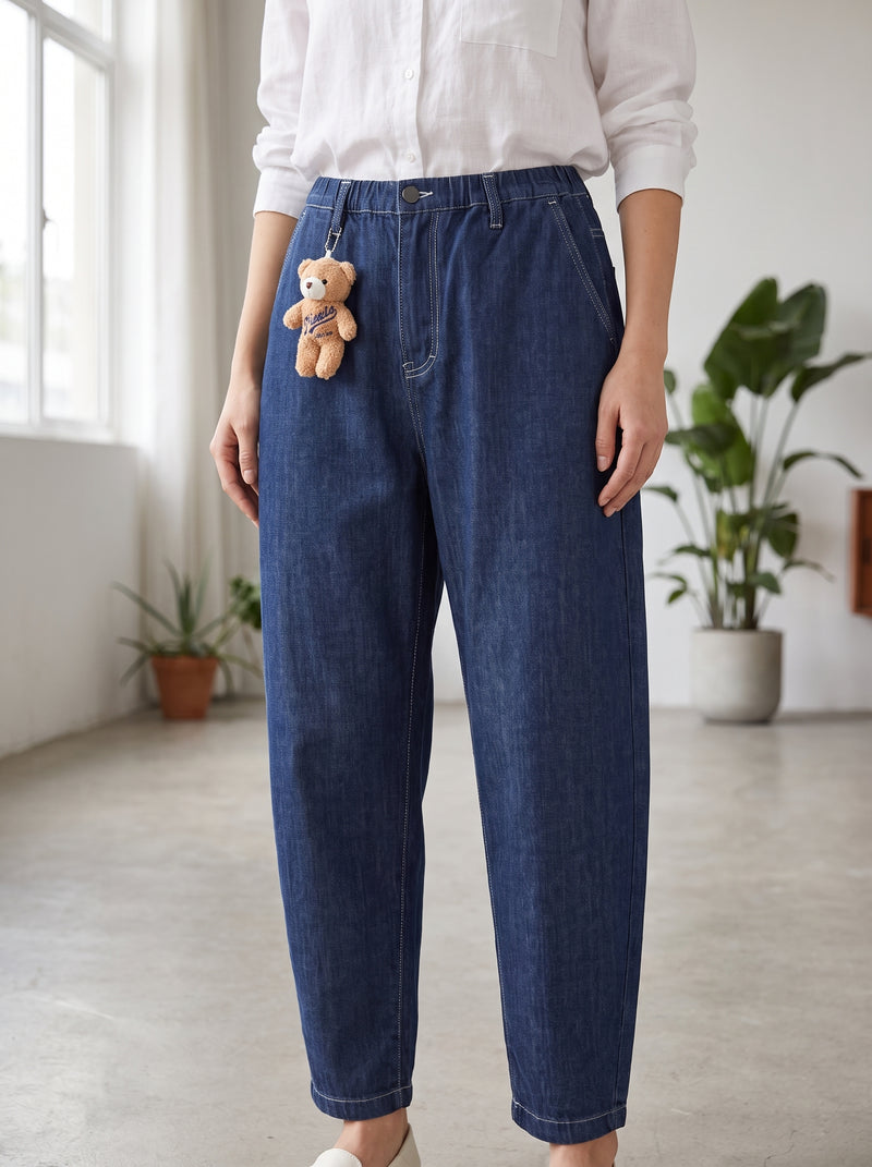 Jeans sstore bambina blu scuro carrot fit con orsetto