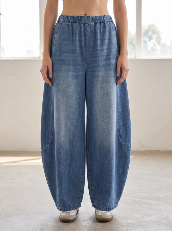 Jeans a palloncino blu denim con vita elasticizzata