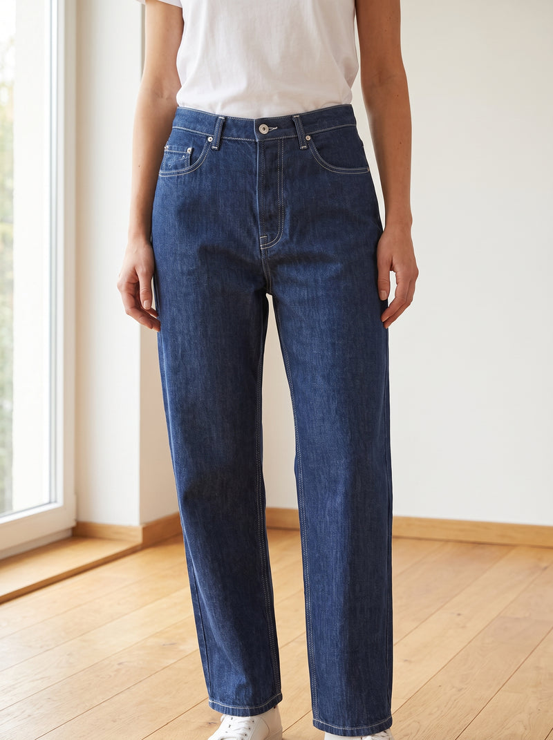 Jeans Please Straight Leg Blu Scuro con Cuciture a Contrasto