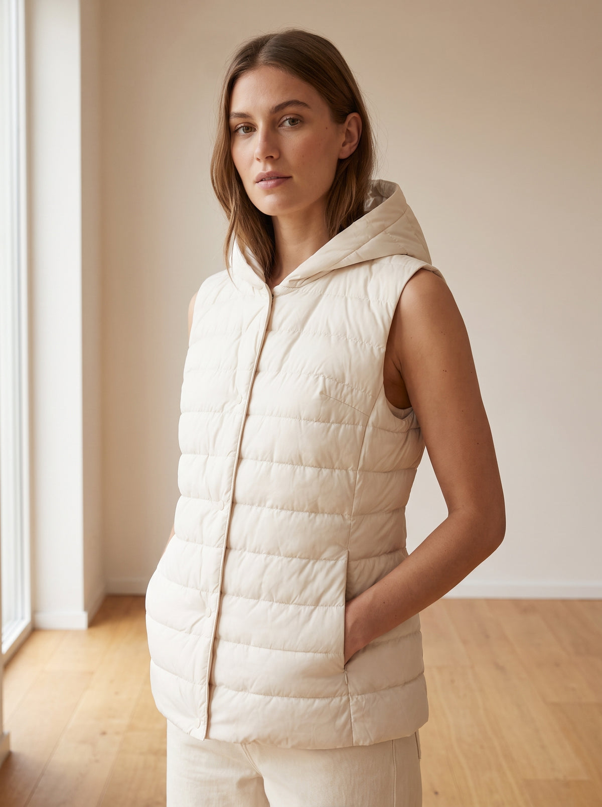 Gilet imbottito Please panna con cappuccio