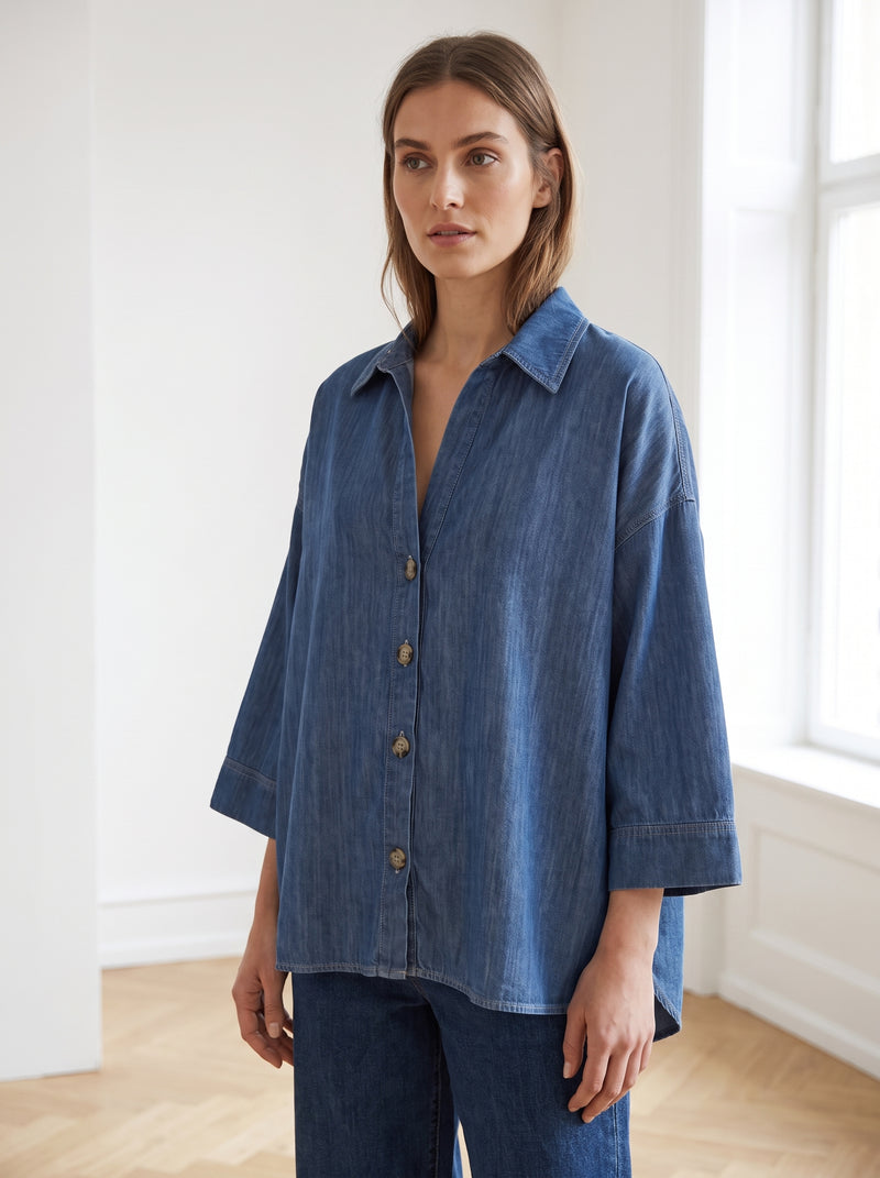 Camicia in denim PLEASE blu con bottoni tartarugati