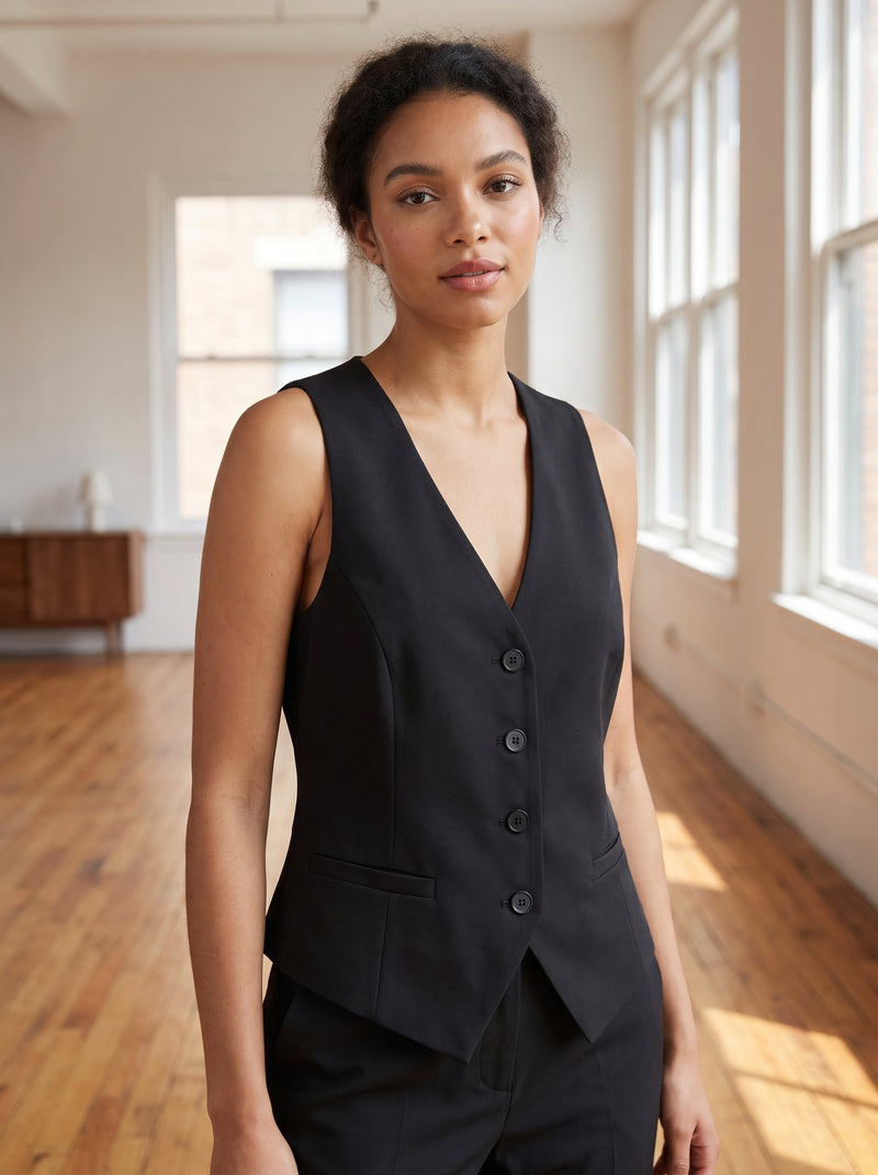 Gilet monopetto nero con fondo asimmetrico