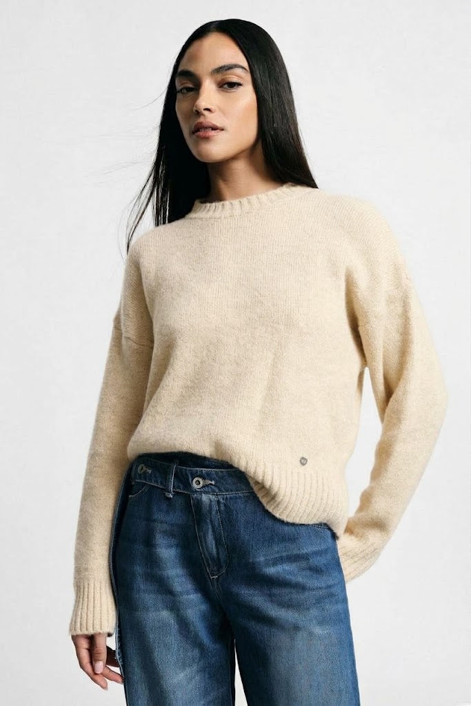 Maglione girocollo regular con polsini a costine - Panna