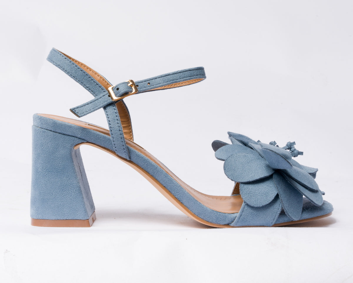 Sandalo con fiore scamosciato- Azzurro