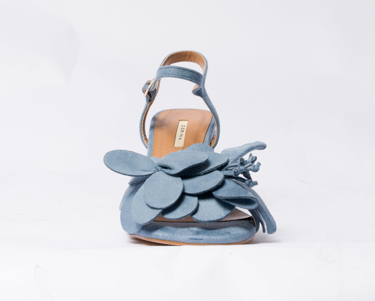 Sandalo con fiore scamosciato- Azzurro