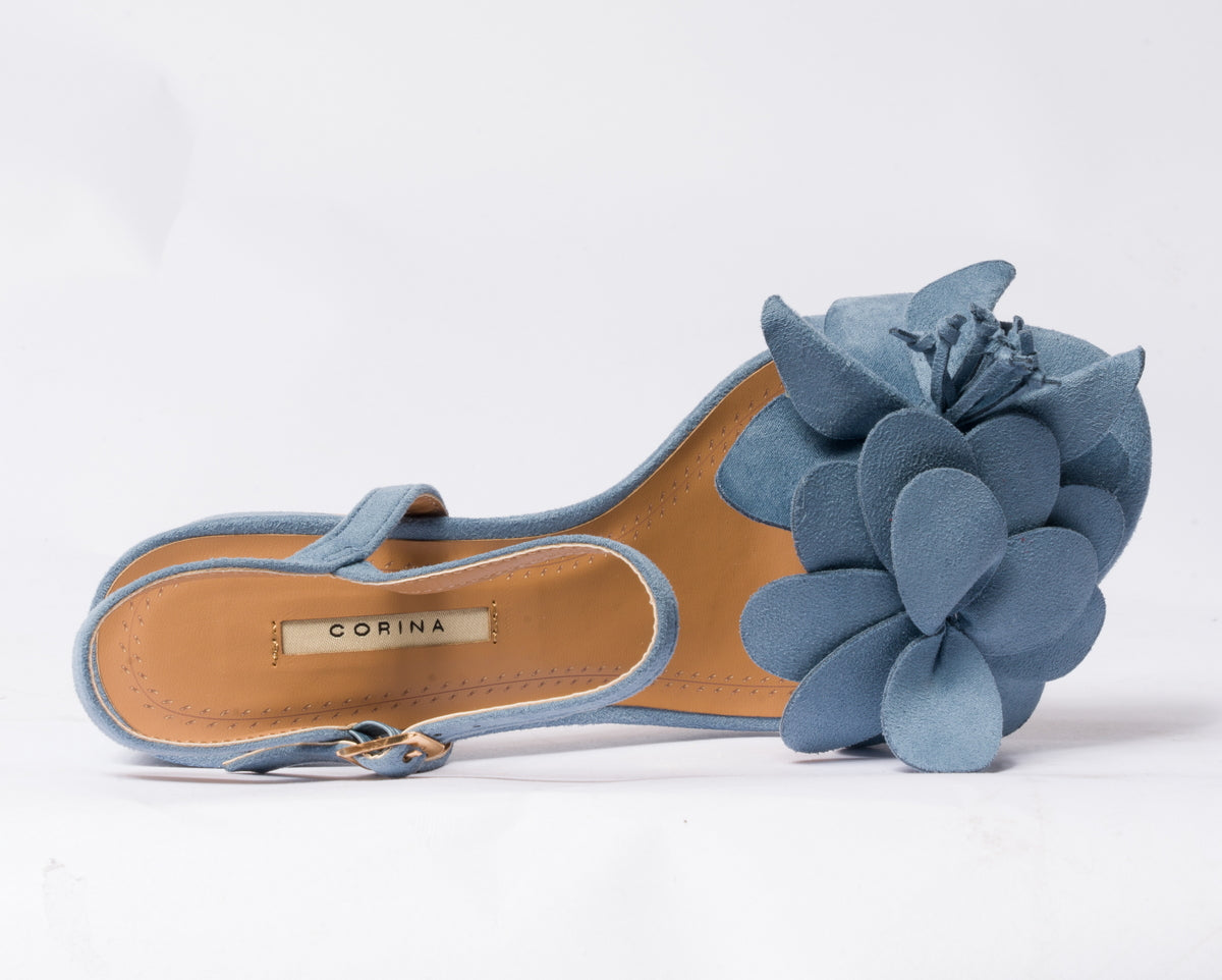 Sandalo con fiore scamosciato- Azzurro