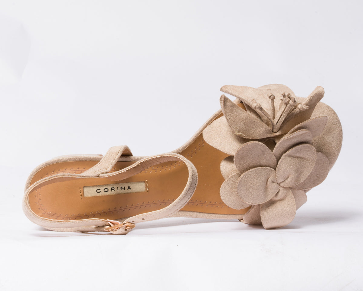 Sandalo con fiore scamosciato- Beige