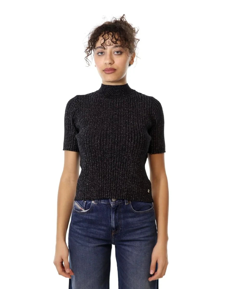 Maglia a Maniche Corte Lavorata con Filato Lurex - Please - Nero