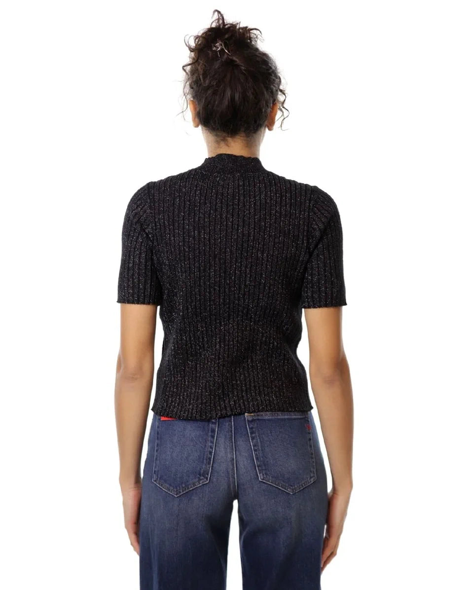 Maglia a Maniche Corte Lavorata con Filato Lurex - Please - Nero