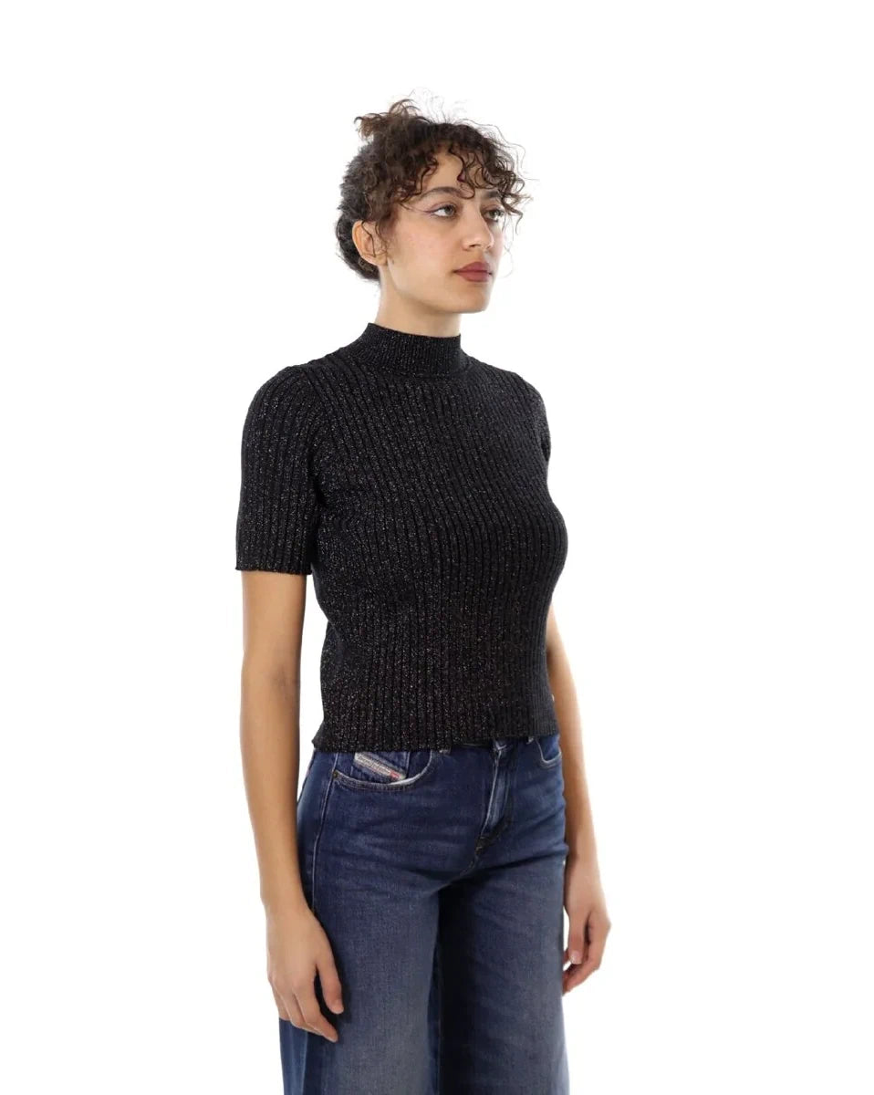 Maglia a Maniche Corte Lavorata con Filato Lurex - Please - Nero