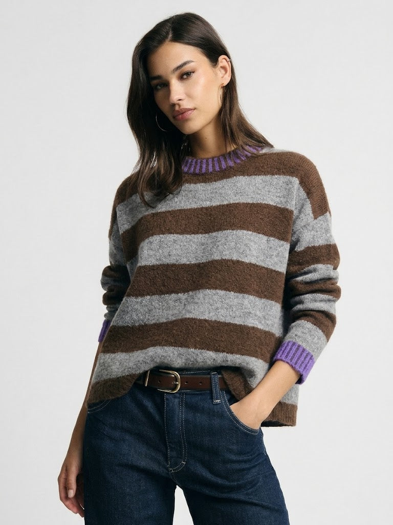 Maglione girocollo a righe con polsini a contrasto Please - Grigio/Moro