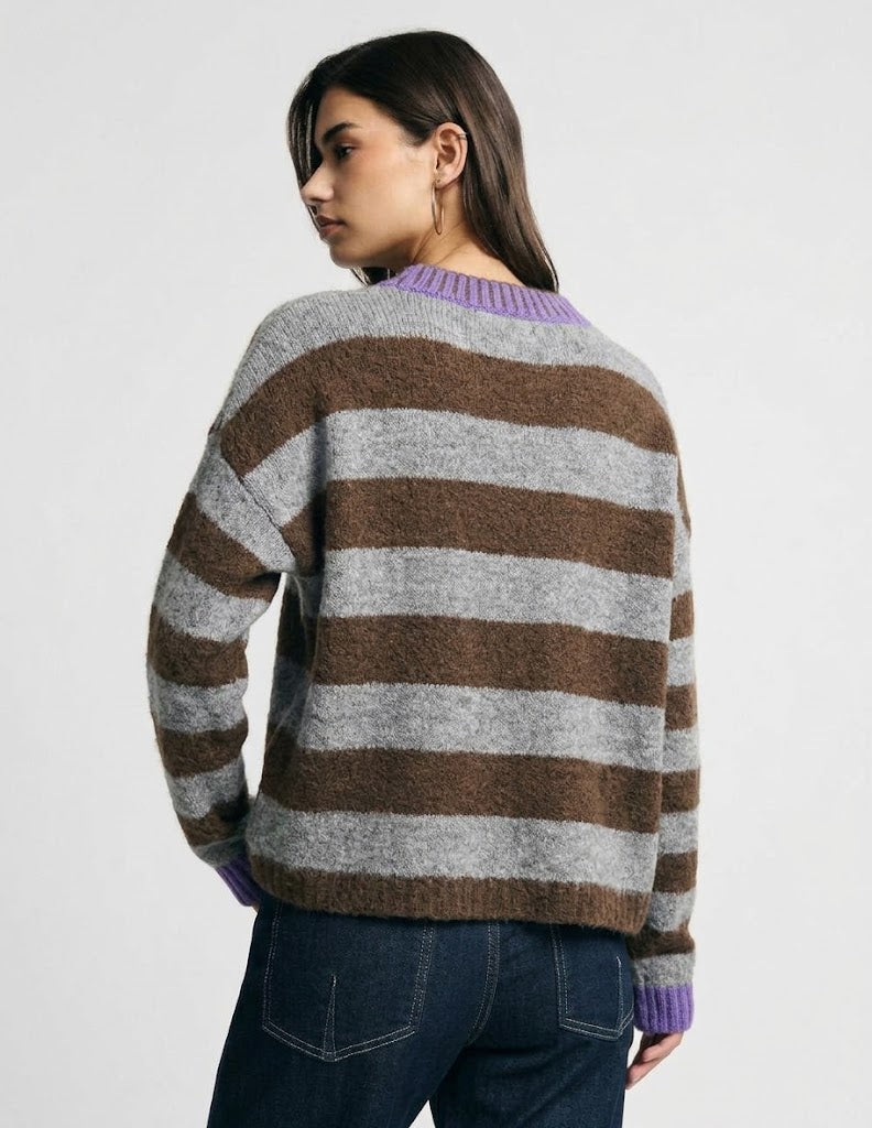Maglione girocollo a righe con polsini a contrasto Please - Grigio/Moro