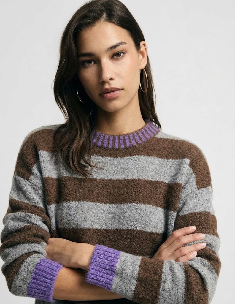 Maglione girocollo a righe con polsini a contrasto Please - Grigio/Moro