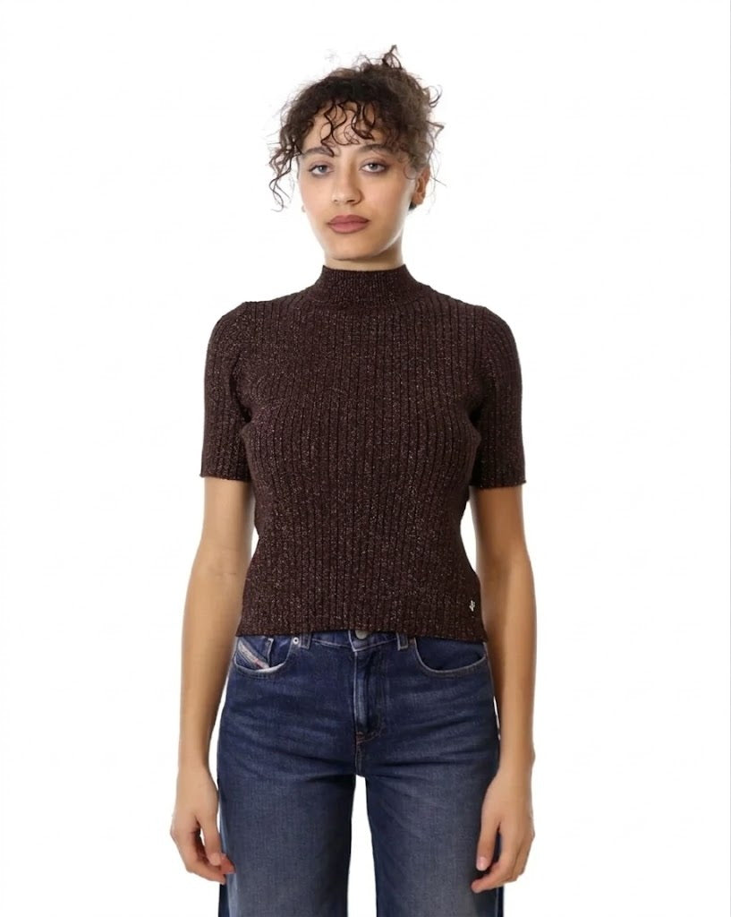 Maglia a Maniche Corte Lavorata con Filato Lurex - Please - Moro