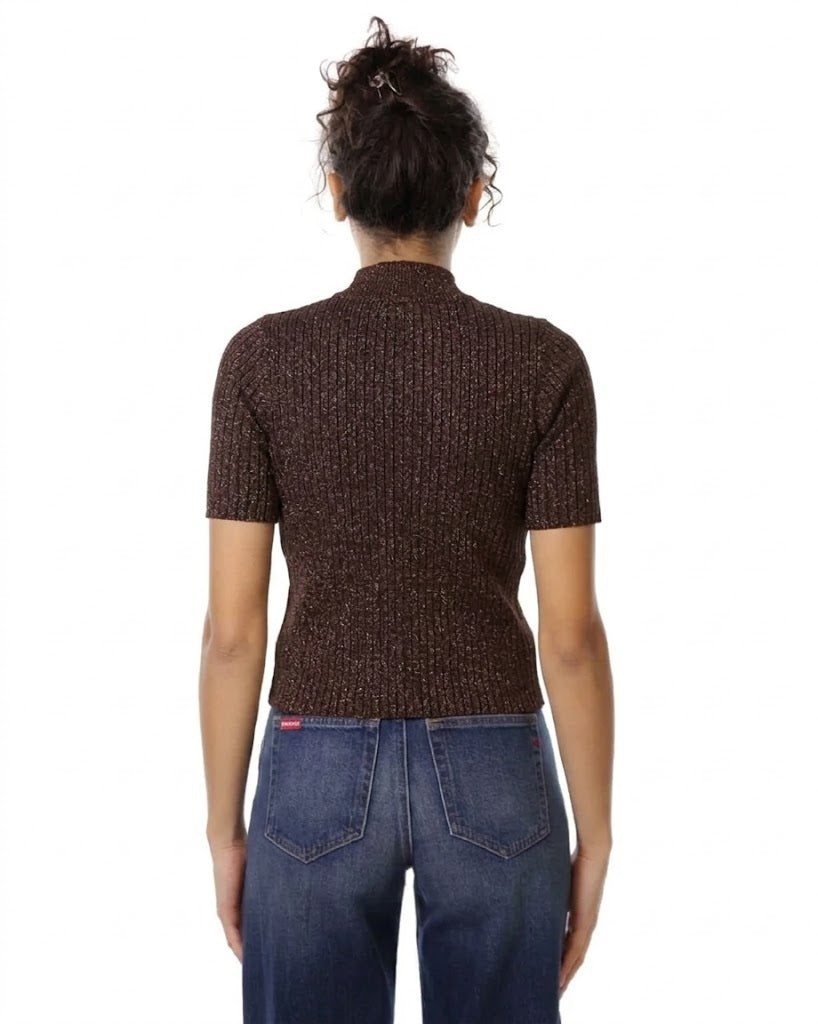 Maglia a Maniche Corte Lavorata con Filato Lurex - Please - Moro