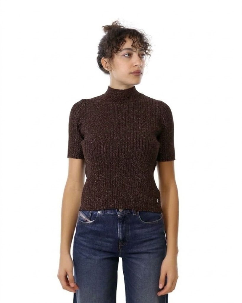 Maglia a Maniche Corte Lavorata con Filato Lurex - Please - Moro