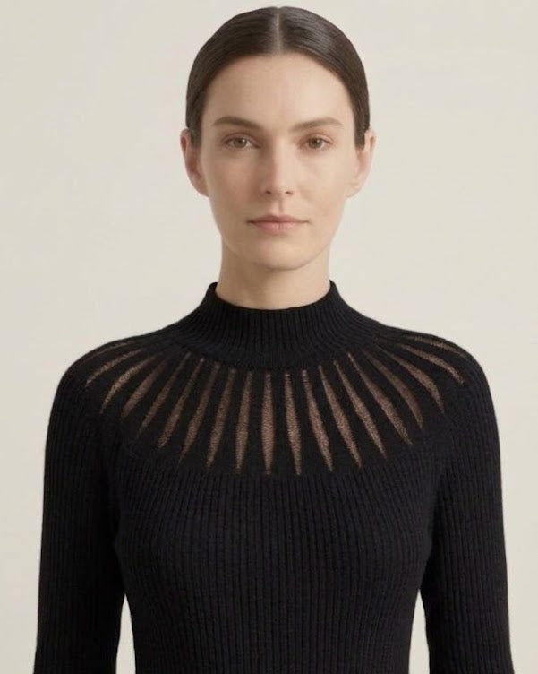Maglia a Coste con Lavorazione Plissé sul Collo Zahjr - Nero -