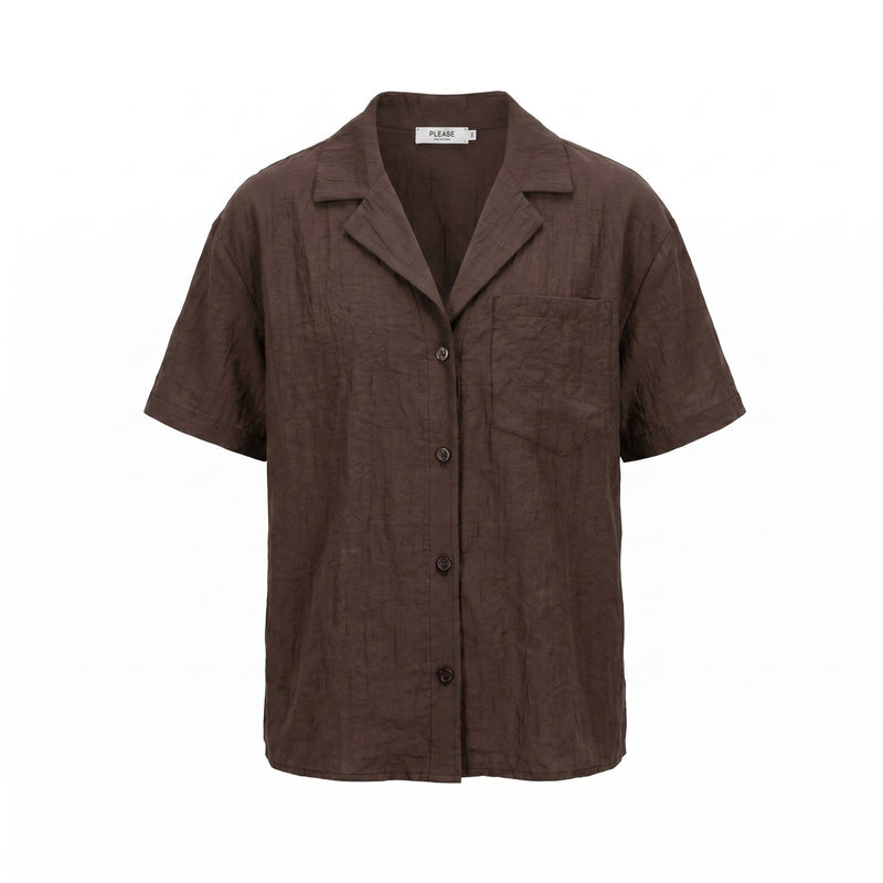 Please Camicia Please a Maniche Corte con Colletto a Rever ed Effetto Lino - Marrone - foto 1