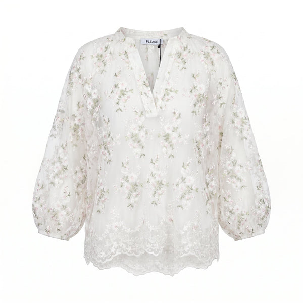 PLEASE Camicia Please Semitrasparente con Ricamo Floreale - Panna - foto 1