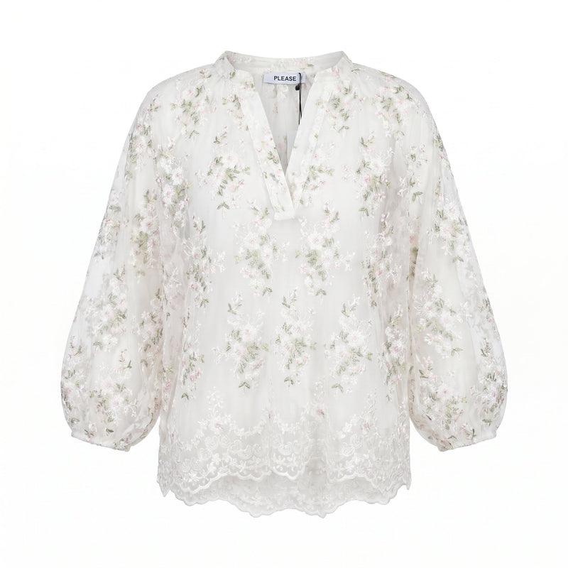 PLEASE Camicia Please Semitrasparente con Ricamo Floreale - Panna - foto 1