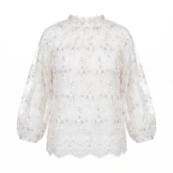 PLEASE Camicia Please Semitrasparente con Ricamo Floreale - Panna - foto 2