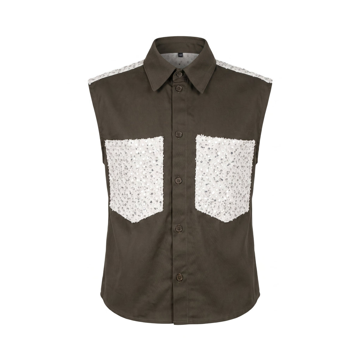 Please Camicia Smanicata Please  con Tasche in Pizzo e Paillette - Verde Oliva - foto 2