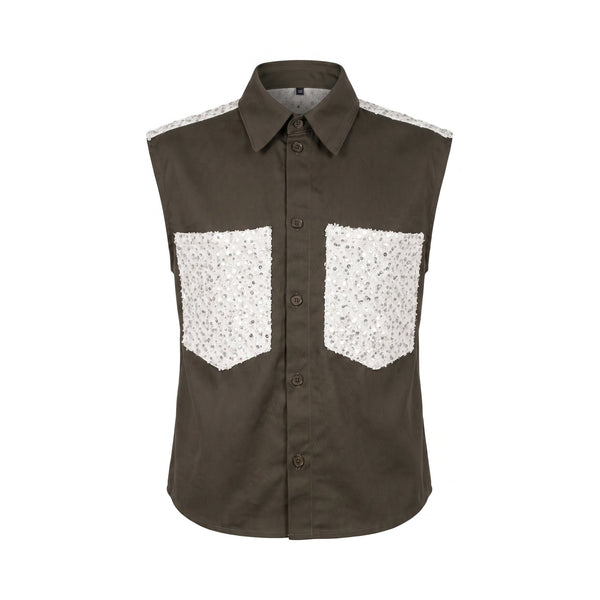 Please Camicia Smanicata Please  con Tasche in Pizzo e Paillette - Verde Oliva - foto 2