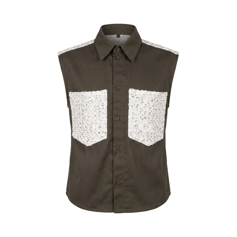 Please Camicia Smanicata Please  con Tasche in Pizzo e Paillette - Verde Oliva - foto 2