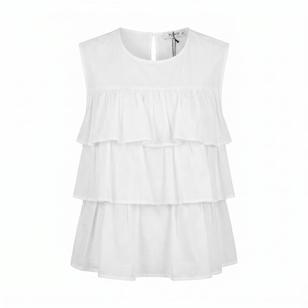 Please Top Please Smanicato con Volant Balze in Cotone Leggero - Bianco - foto 2