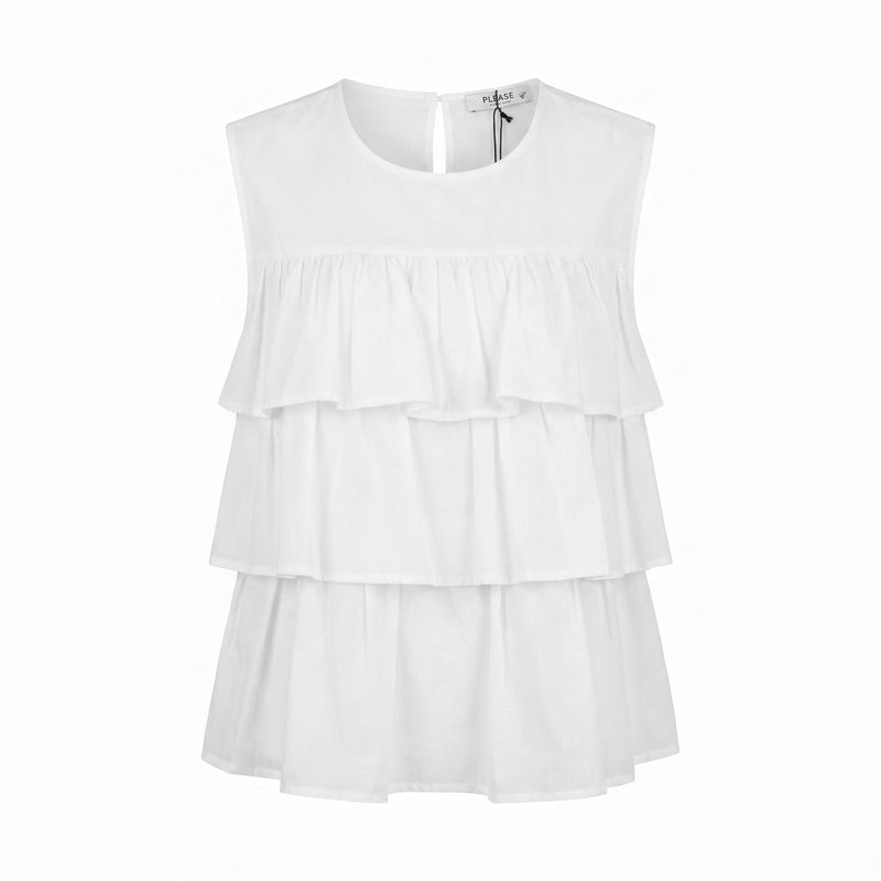 Please Top Please Smanicato con Volant Balze in Cotone Leggero - Bianco - foto 2