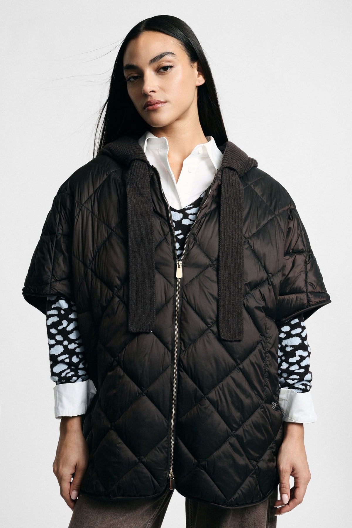 Giacca trapuntata corta con zip e cappuccio - Please - Moro