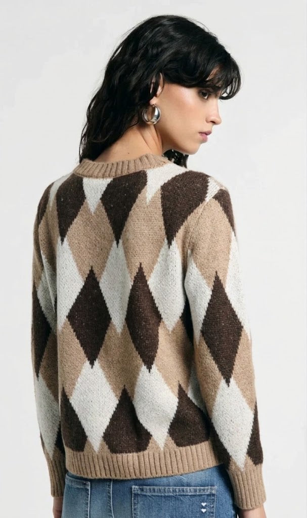 Maglione con Motivo rombi Argyle Please - Marrone/ Cammello/ Panna