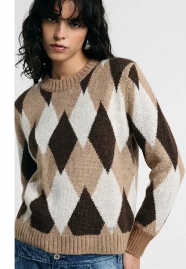 Maglione con Motivo rombi Argyle Please - Marrone/ Cammello/ Panna
