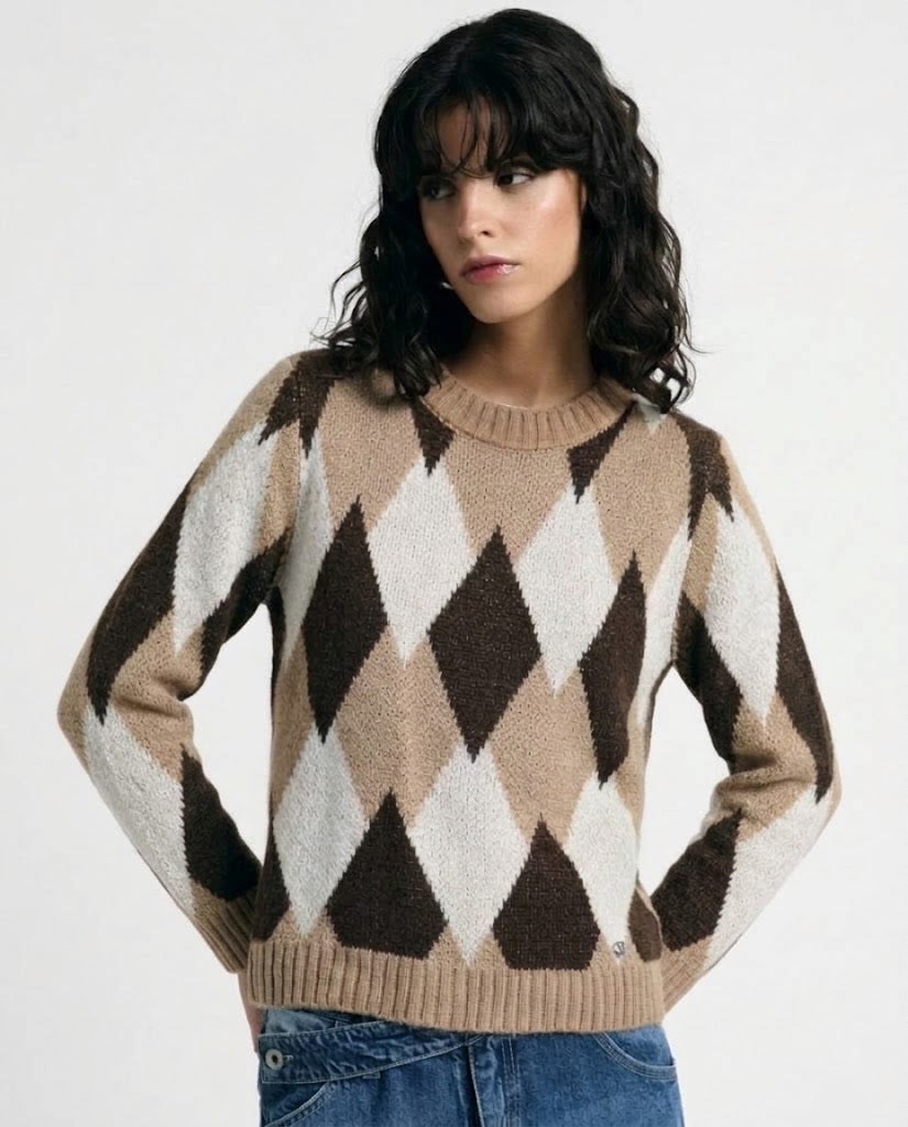 Maglione con Motivo rombi Argyle Please - Marrone/ Cammello/ Panna