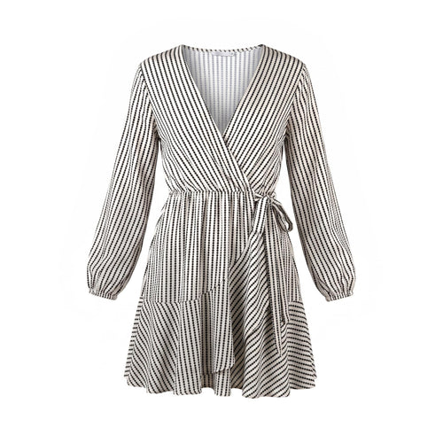 Sstore Abito Corto a Righe con Scollo a V e Maniche Lunghe - Beige - foto 1