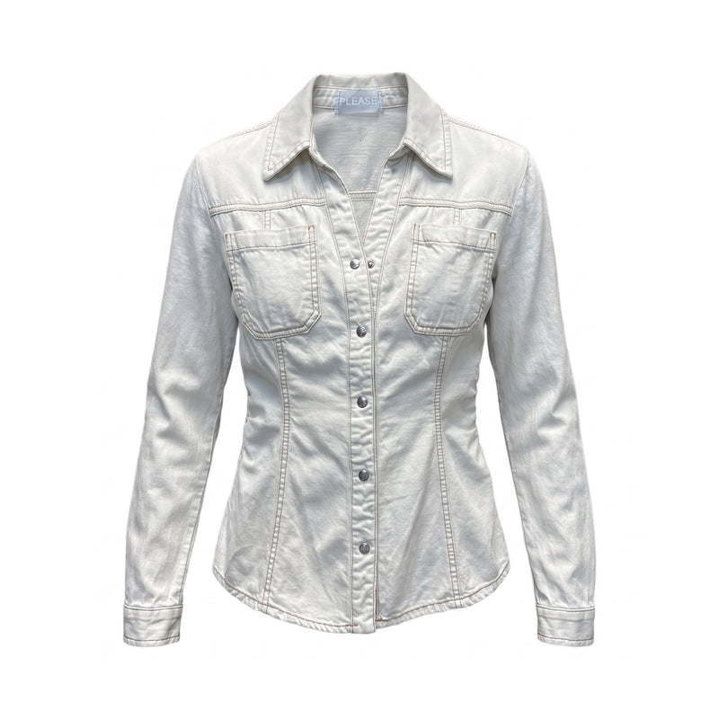 Sstore Camicia in Jeans Please Slim Fit con Fianchi Arricciati - Panna - foto 2